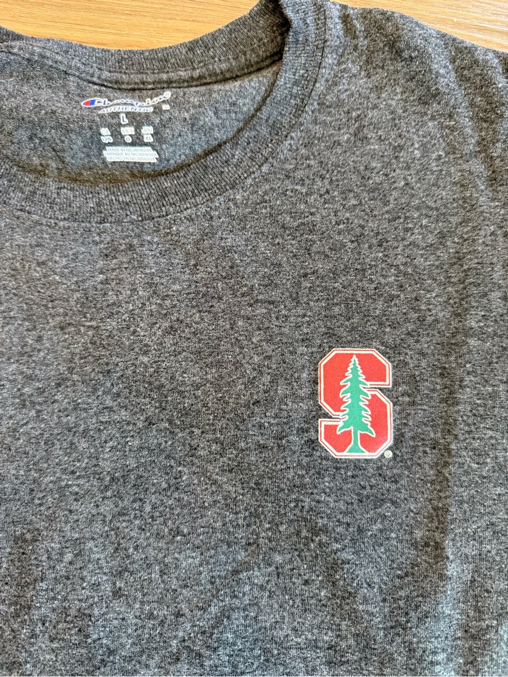 Champion Gray Heather Short Sleeve Tee with Red & Green Stanford 'S' Tree Logo